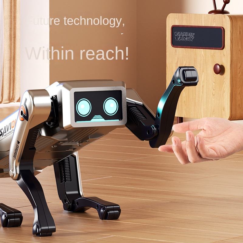 Trendiest intelligent robot dog with silver and black mechanical design interacting with a hand in a modern room