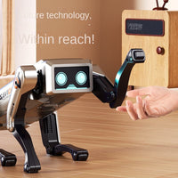 Trendiest intelligent robot dog with silver and black mechanical design interacting with a hand in a modern room
