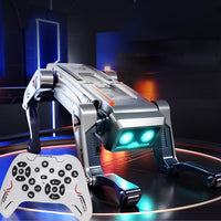 Trendiest intelligent robot dog with remote control, featuring silver metallic finish, glowing blue eyes, and AI functions.