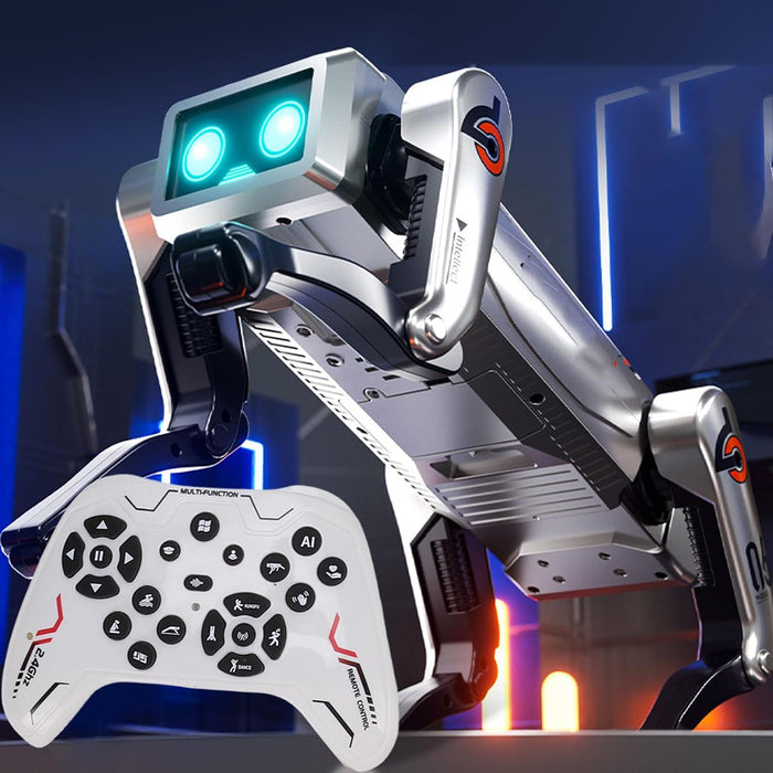 Trendiest intelligent robot dog toy with remote control, featuring silver plastic design, glowing eyes, and AI functions.