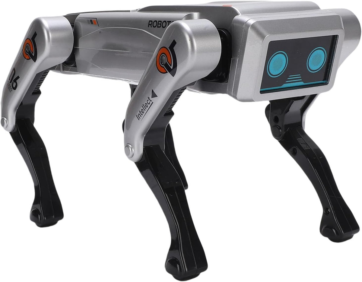 Trendiest intelligent robot dog with silver and black plastic body, digital screen face, and programmable AI features.