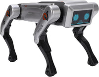 Trendiest intelligent robot dog with silver and black plastic body, digital screen face, and programmable AI features.