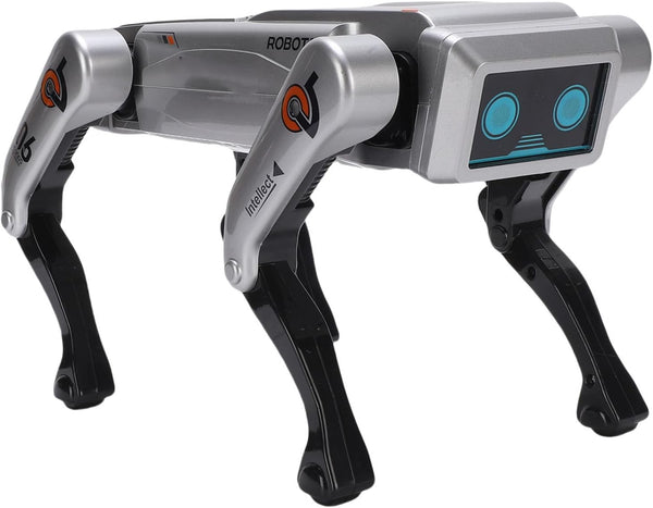 Trendiest intelligent robot dog with silver and black plastic body, digital screen face, and programmable AI features.