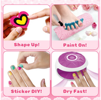 Trendiest kids home spa set with foot soak tub, nail dryer, polishes, glitter, and accessories in pink and teal.