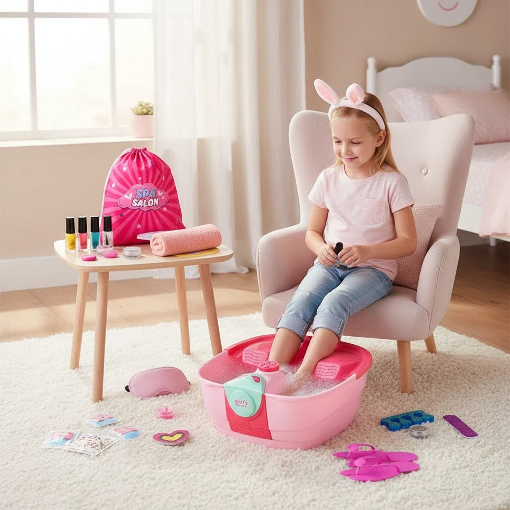 Trendiest kids home spa set with a girl wearing bunny ears using a pink foot soak tub, nail polish, and accessories.