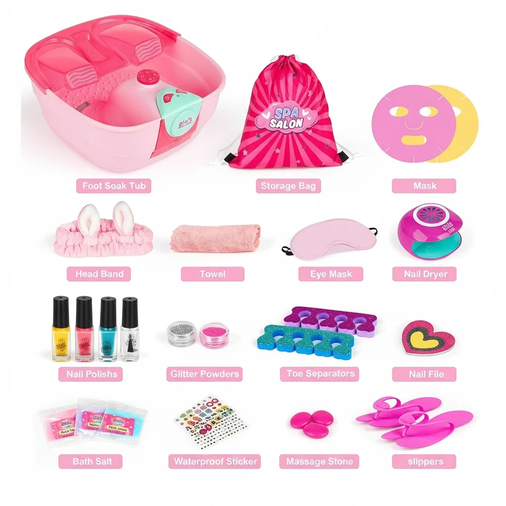 Trendiest kids home spa set with pink foot soak tub, nail dryer, polishes, glitter, and accessories for a salon day.