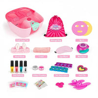 Trendiest kids home spa salon set with foot soak tub, nail dryer, polishes, glitter, and accessories in pink and teal.