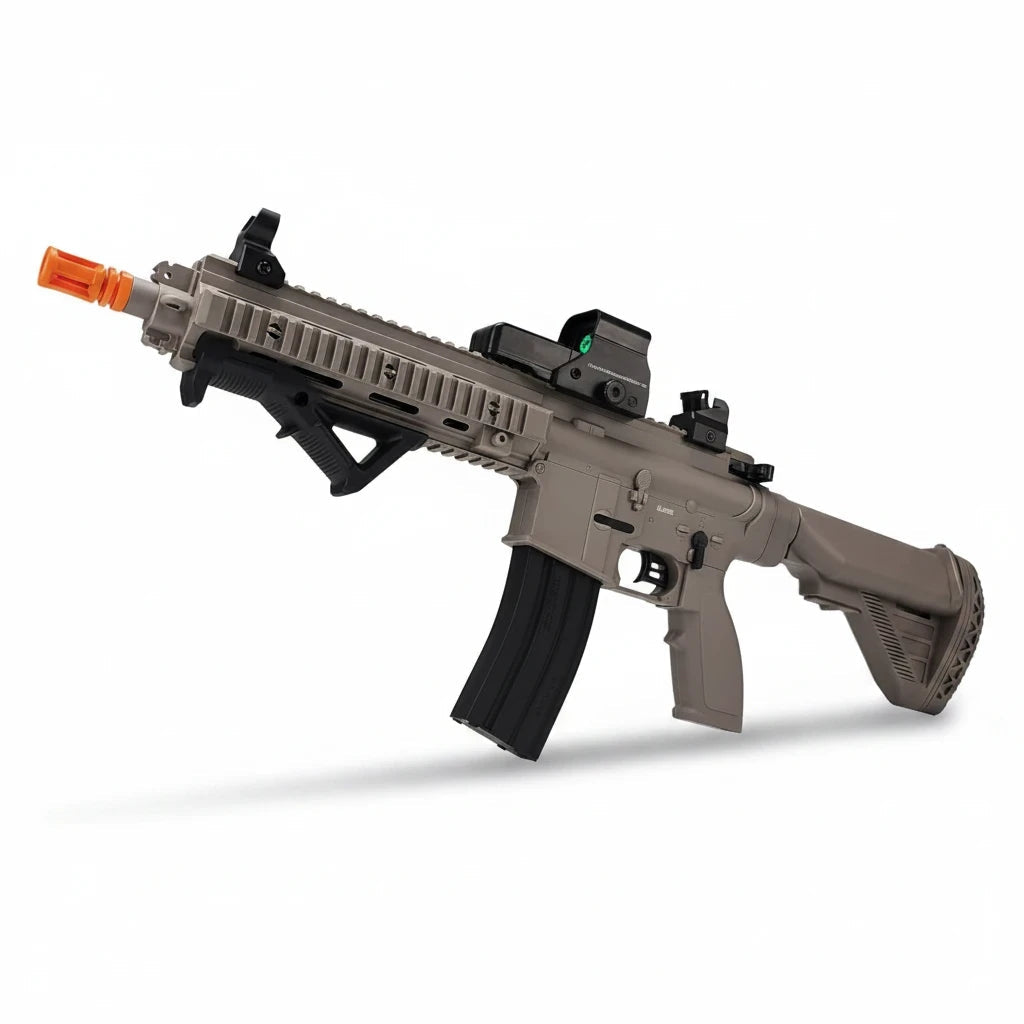 Trendiest laser target blaster toy in tan with a black magazine and tactical sight for adult practice games