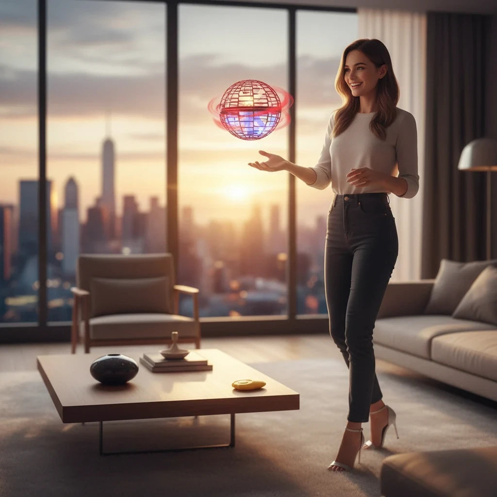 Trendiest interactive flying spinner toy with LED lights hovering in a modern living room at sunset