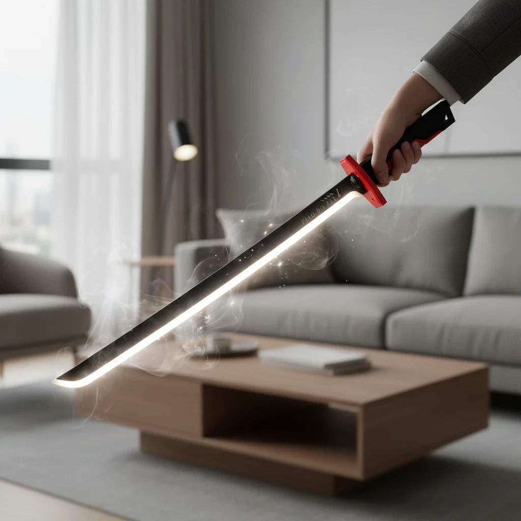 Trendiest LED light-up toy katana sword with a glowing blade, black handle, and red accents held in a hand.