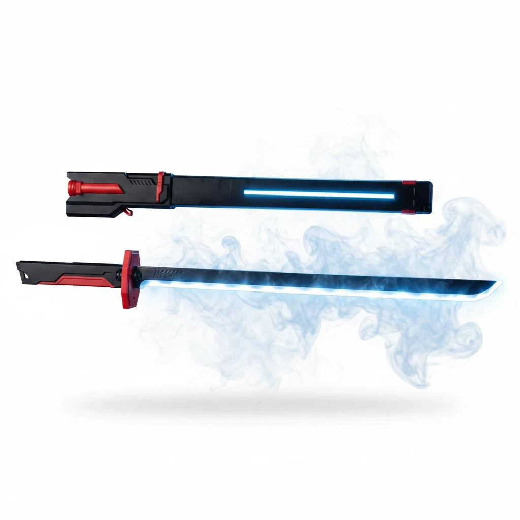 Trendiest LED light-up toy katana sword with a glowing blue blade, black handle, red accents, and matching scabbard.