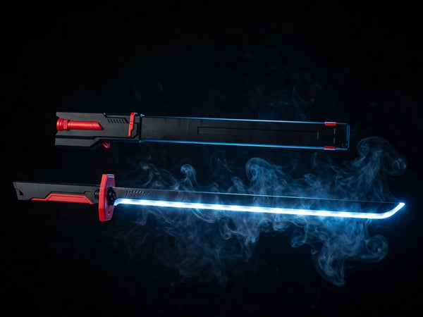 Trendiest LED light-up toy katana sword with glowing blue blade, black and red handle, and matching scabbard in smoke.