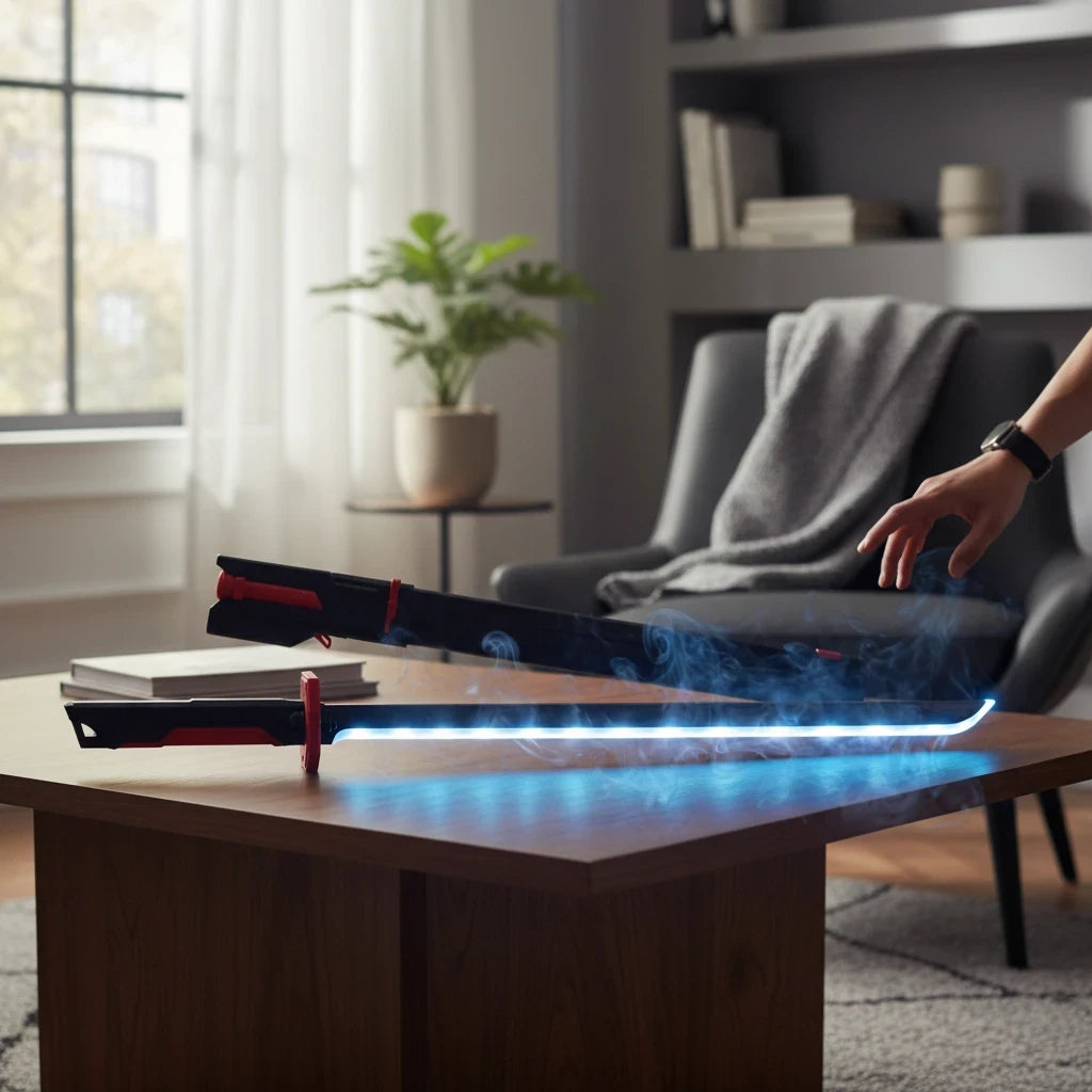 Trendiest LED light-up toy katana sword with a glowing blue blade, black handle, and matching scabbard on a table.