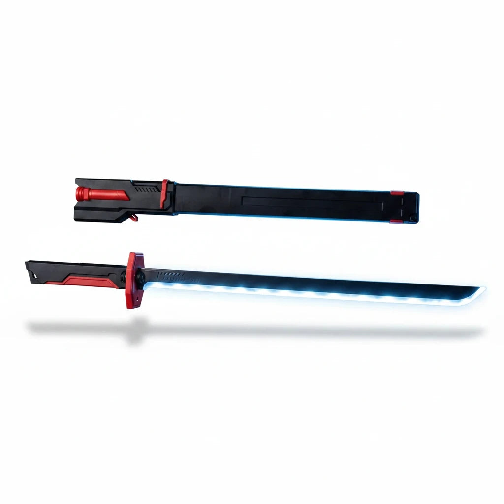 Trendiest LED light-up toy katana sword with a glowing blade, black and red handle, and matching protective scabbard.