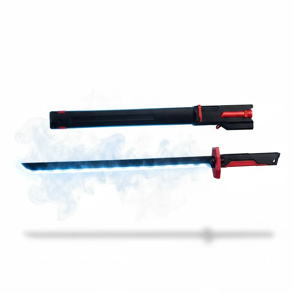 Trendiest LED light-up toy katana sword with a glowing blue blade, black handle with red accents, and matching scabbard.