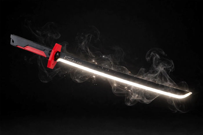 Trendiest LED light-up and water steam smoke toy katana ninja sword with a glowing blade, black handle, red accents, and smoky background effect.