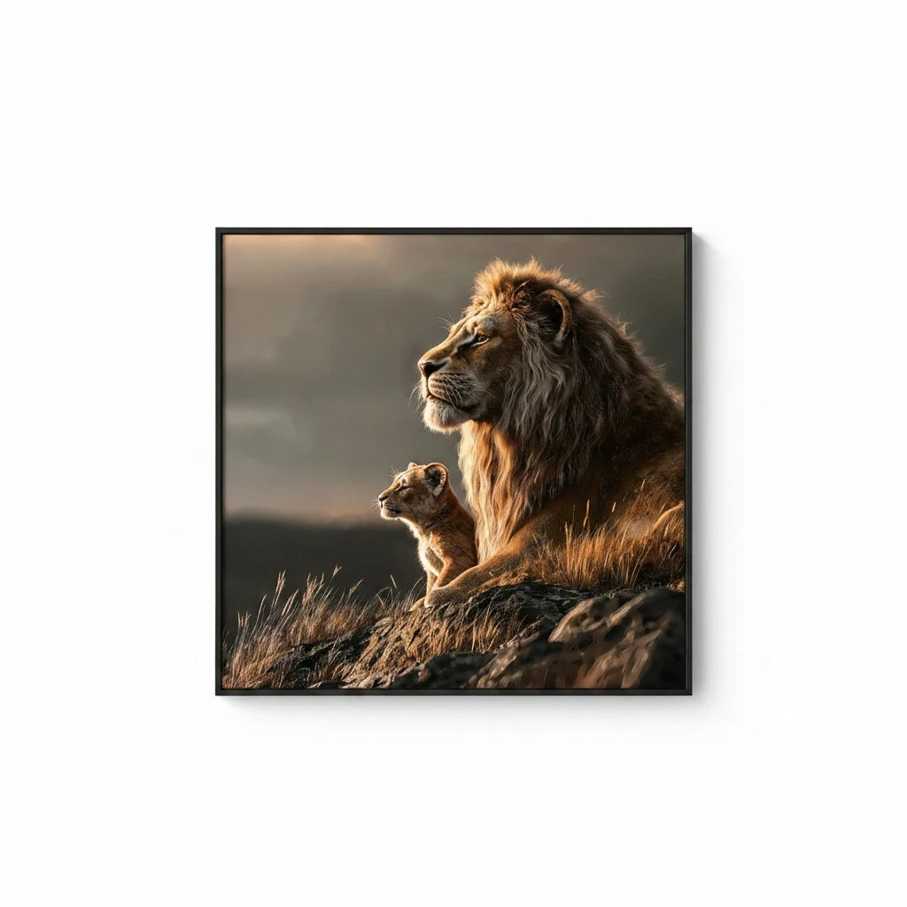 Trendiest Lion King wall art featuring 3D embossed lion and cub on TPU leather with a sleek black aluminum frame.