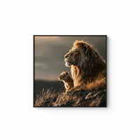 Trendiest Lion King wall art featuring 3D embossed lion and cub on TPU leather with a sleek black aluminum frame.