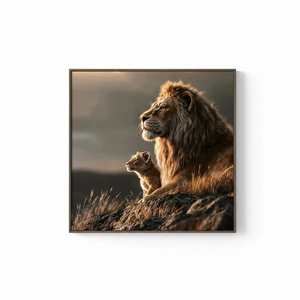 Trendiest Lion King wall art featuring a 3D embossed lion and cub on TPU leather with an elegant aluminum frame.
