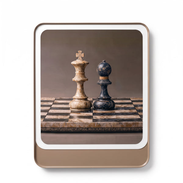 Trendiest luxury 3D chess triptych wall art with cream embossed leather panels, flat-lay view.