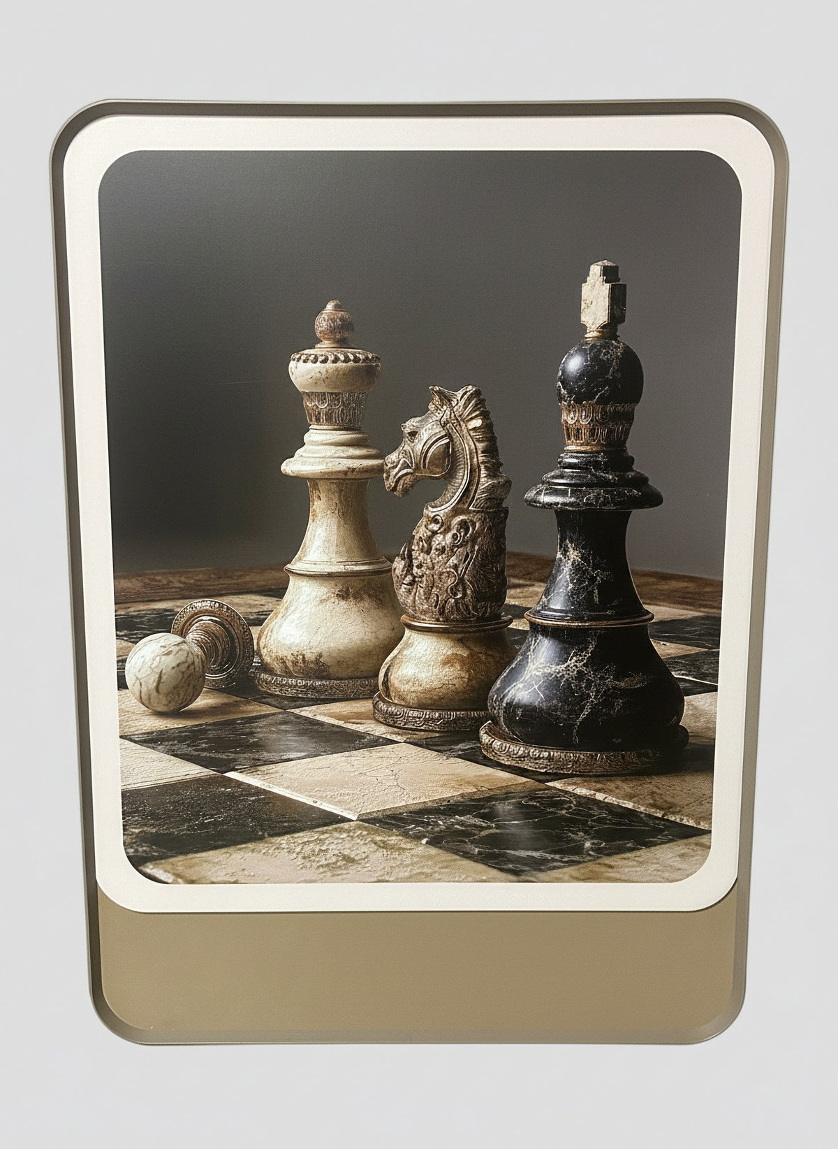 Trendiest luxury 3D chess triptych wall art displayed above a modern living-room sideboard.