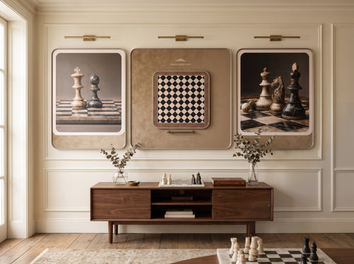 Trendiest luxury 3D chess triptych wall art featuring embossed leather panels in cream and retro tones above a sideboard.