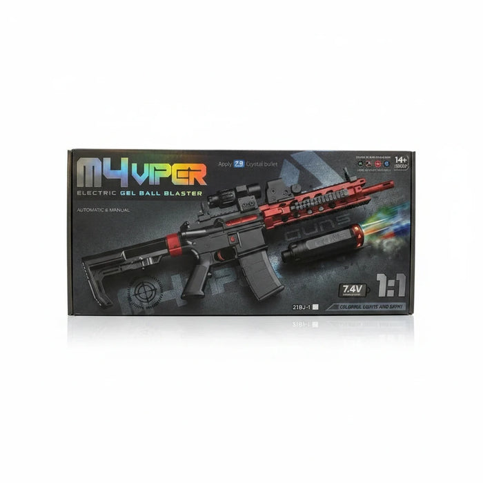 Trendiest M4 Viper electric gel ball blaster toy in black and red with light and smoke effects in its retail box