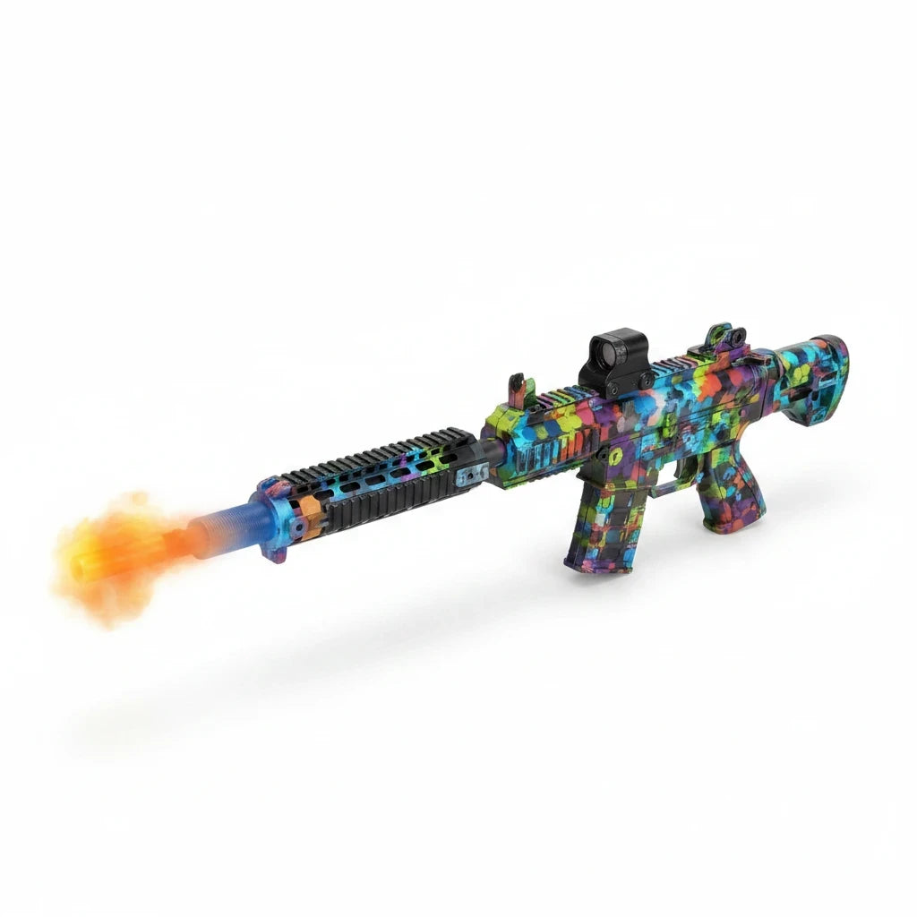 Trendiest tactical M416 toy rifle with a vibrant multi-colored camouflage finish and realistic light smoke effects.