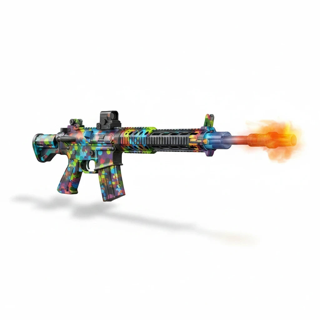 Trendiest M416 tactical toy rifle with a vibrant multi-colored camouflage finish and realistic light smoke effects