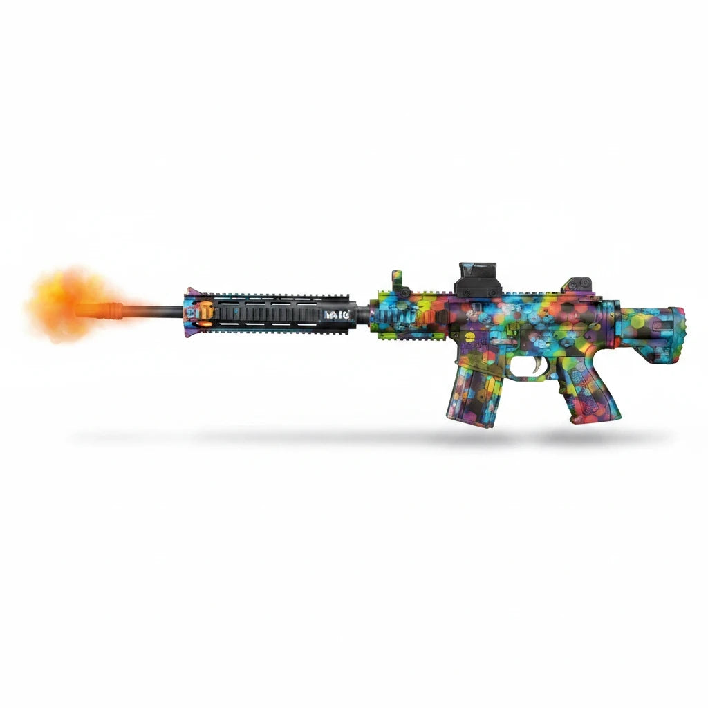 Trendiest M416 tactical toy rifle with a vibrant multi-colored camouflage pattern and realistic muzzle light effect.