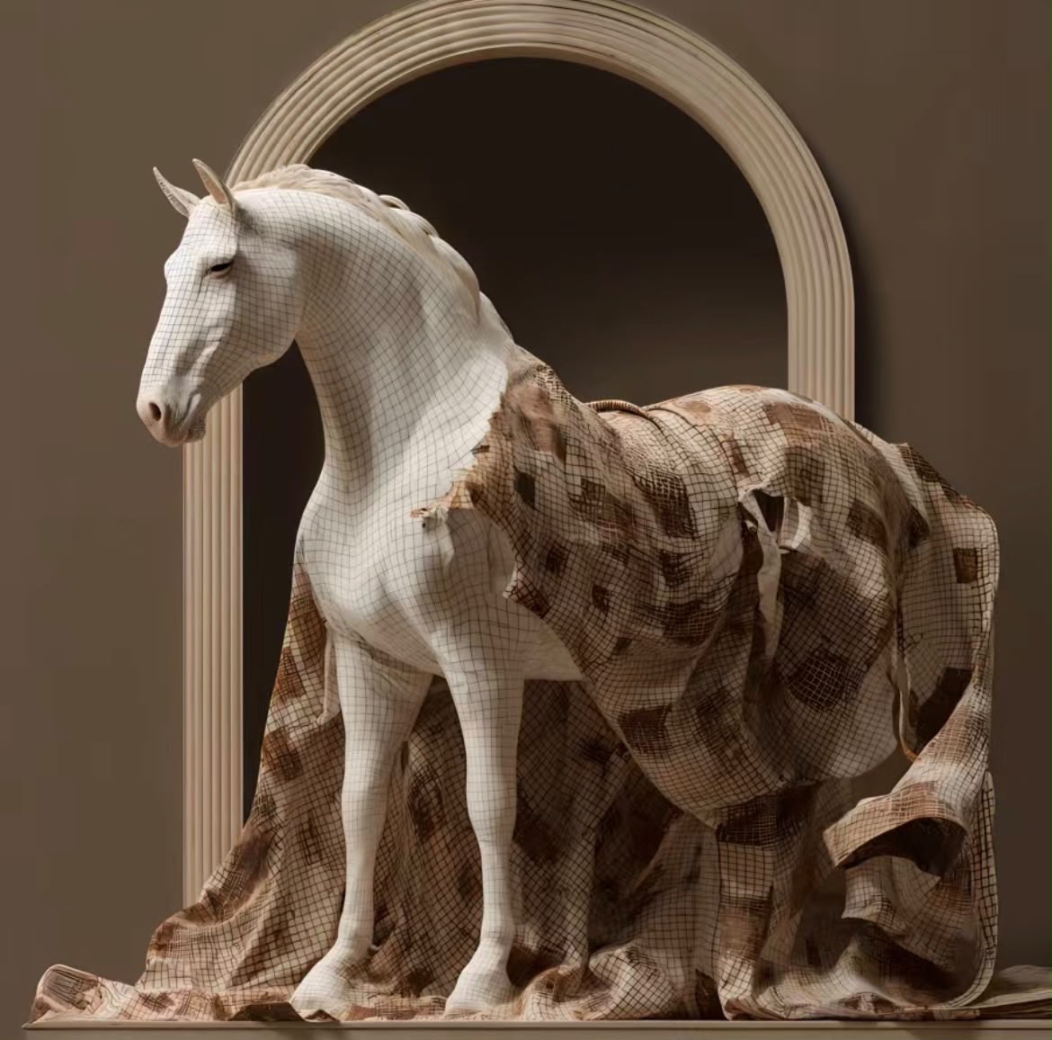 Trendiest Majestic White Horse 3D wall art featuring a wireframe horse sculpture draped in patterned beige fabric.