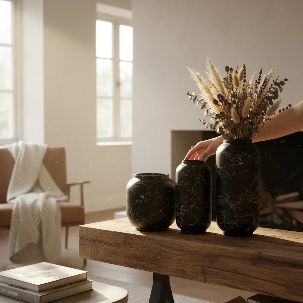 Trendiest set of three matte black ceramic vases with white marble veining, styled with dried florals on a wood table.