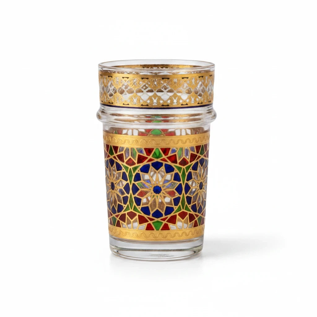 Trendiest Moroccan tea glass featuring intricate gold detailing and colorful geometric patterns on clear glass