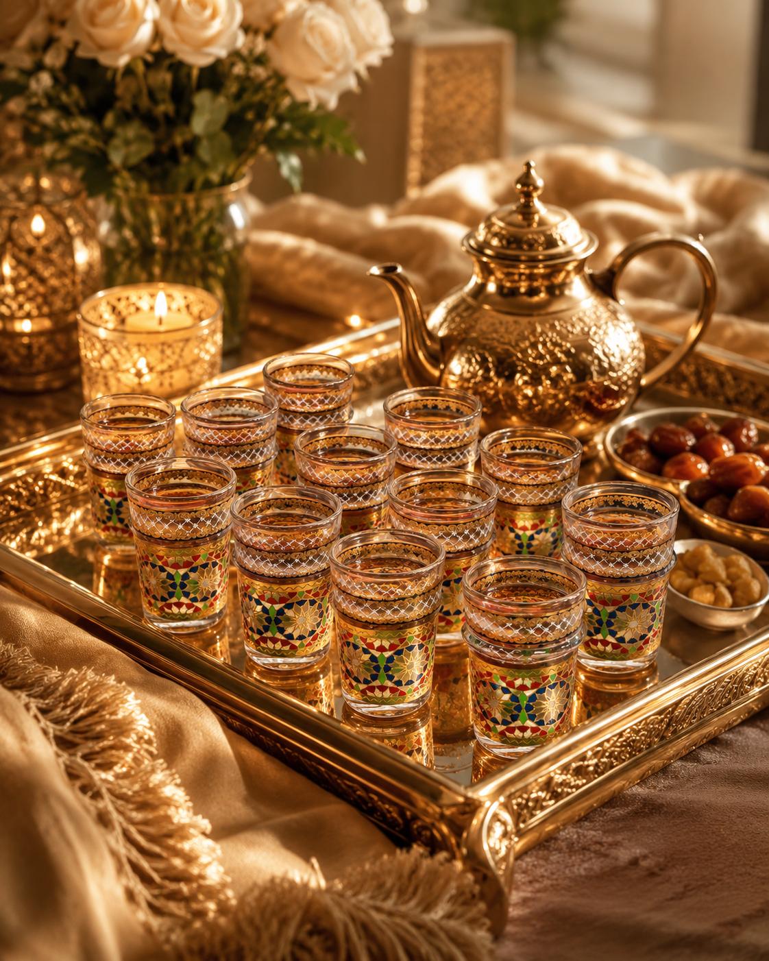 Trendiest set of 12 Moroccan tea glasses with gold trim and colorful geometric patterns on a gold serving tray