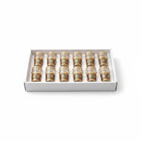 Trendiest set of 12 Moroccan tea glasses with gold detailing and colorful geometric patterns in a white gift box.