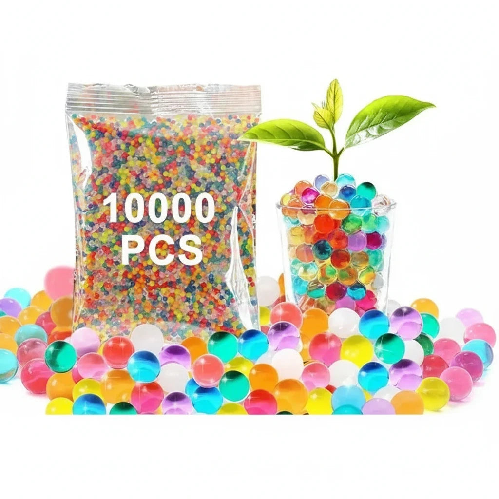 Trendiest Gell Orbeez water bomb beads in a 10000 piece pack with colorful assorted gel balls in a glass