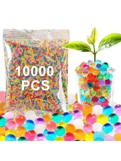 Trendiest 10000 piece multicolored water bomb gel beads in a clear bag and glass vase with a small plant