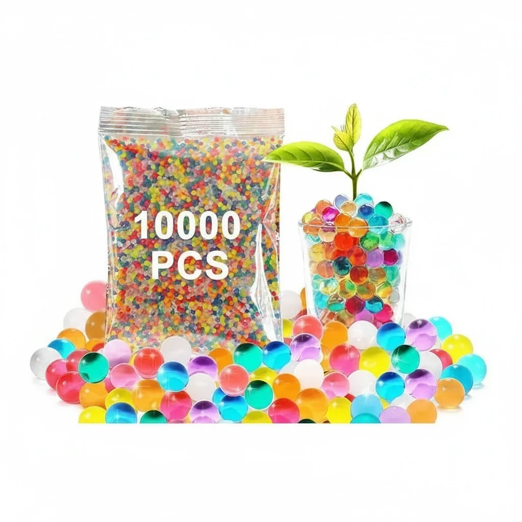 Trendiest 10000 piece pack of multi-colored water bomb gel orbeez beads with a small plant in a glass