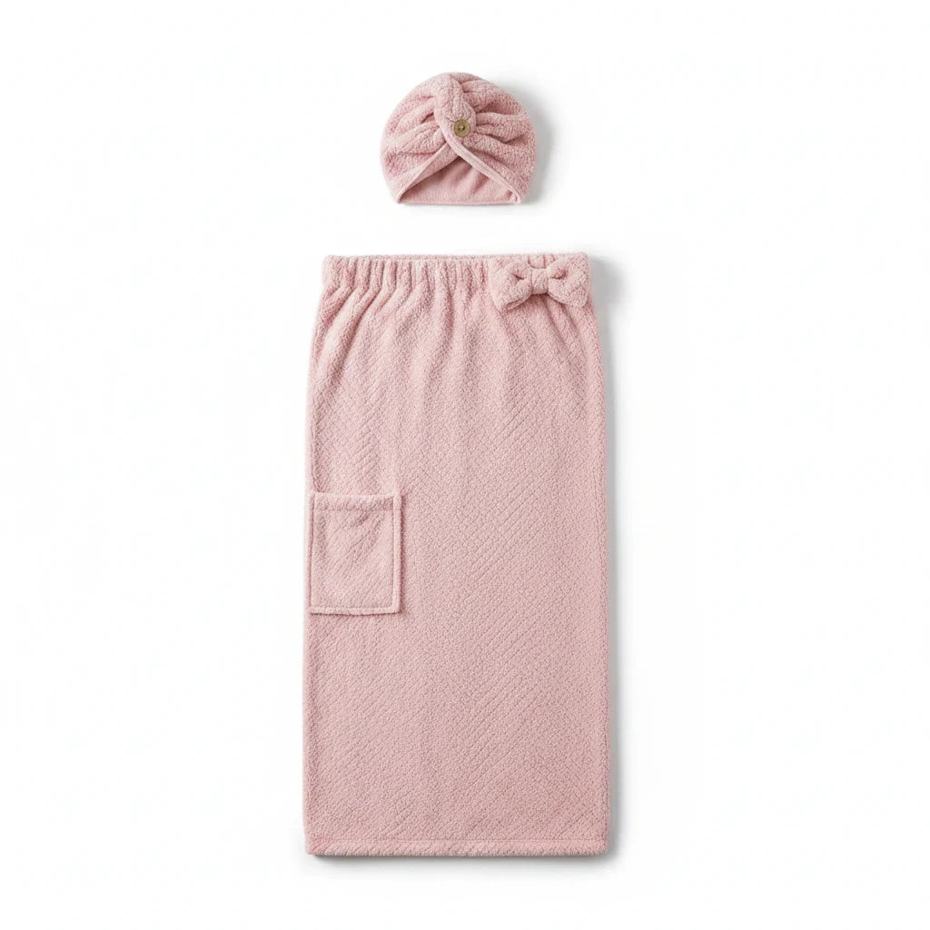 Trendiest pink nanofiber and cotton bath skirt with matching shower turban hair wrap featuring adjustable clips