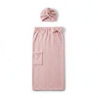 Trendiest pink nanofiber and cotton bath skirt with matching shower turban hair wrap featuring adjustable clips