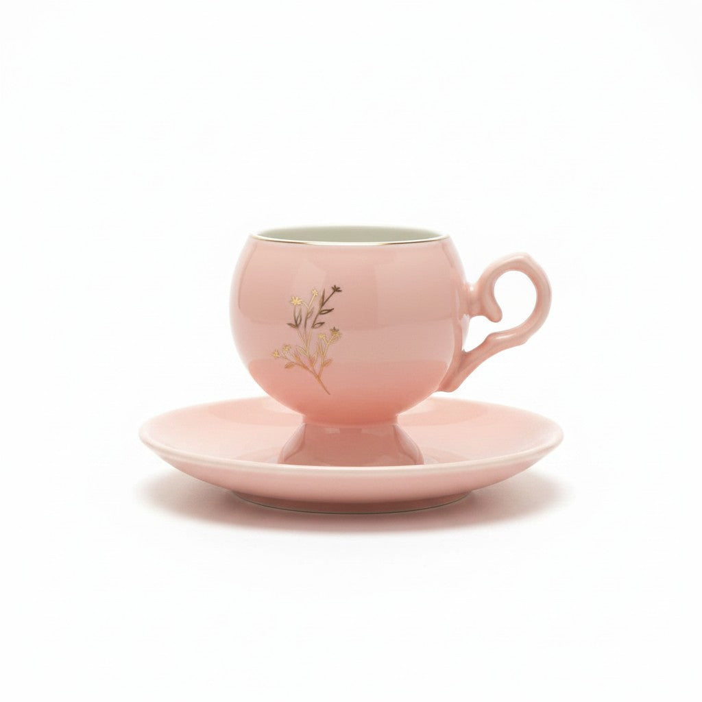 Trendiest pink ceramic teacup with a pedestal base, gold floral detail, and matching saucer on a white background.