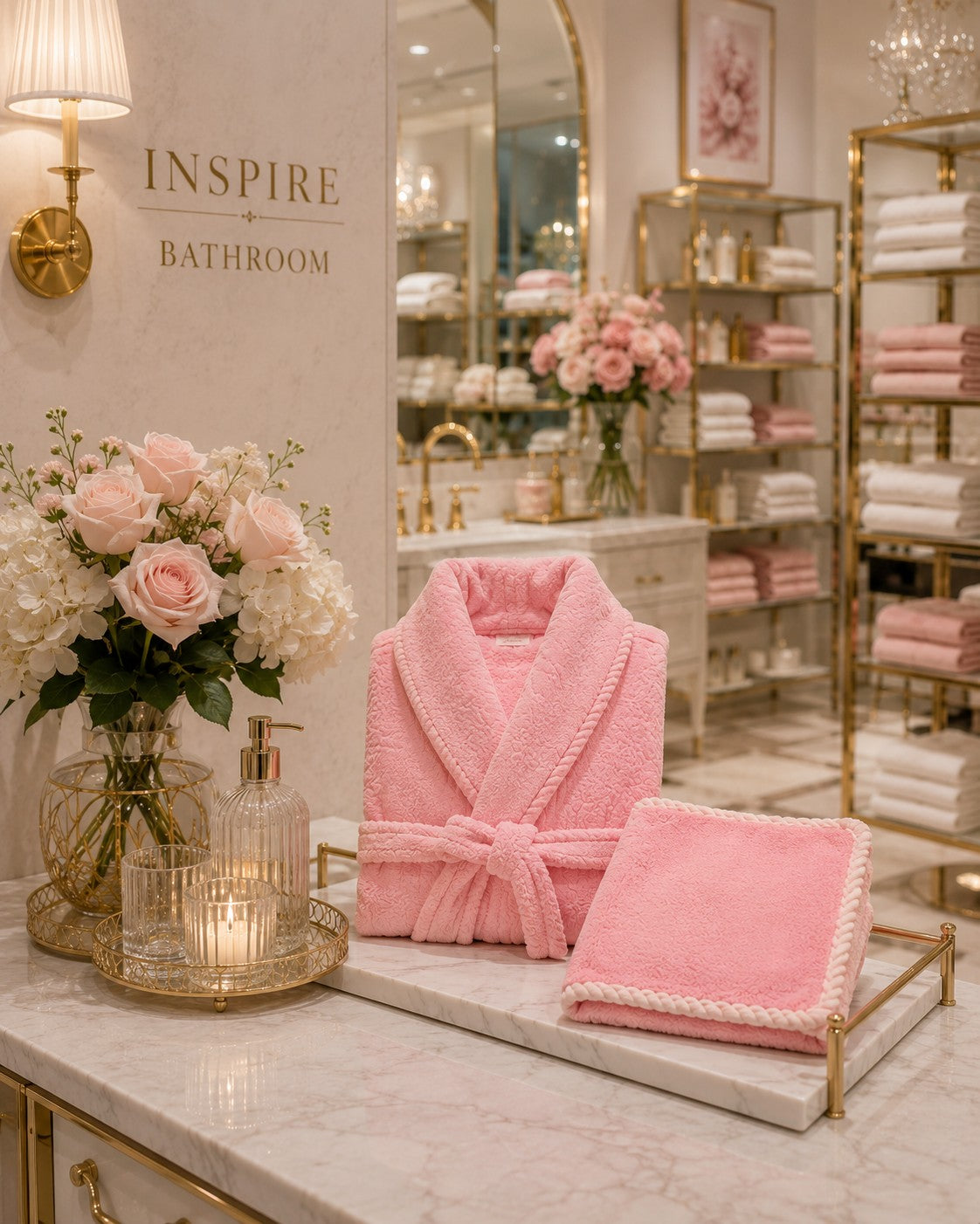 Trendiest pink plush bathrobe and face towel set with braided trim, displayed on a marble tray in a luxury spa setting.