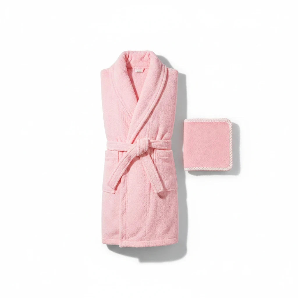 Trendiest pink cotton and nanofiber spa bathrobe set with matching face towel for luxurious home or hotel use