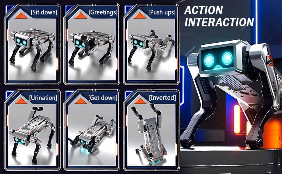 Trendiest programmable AI robot dog performing various interactive actions like sitting, pushups, and handstands.