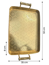 Trendiest rectangular gold serving tray with ornate base pattern, lattice border, and decorative handles.