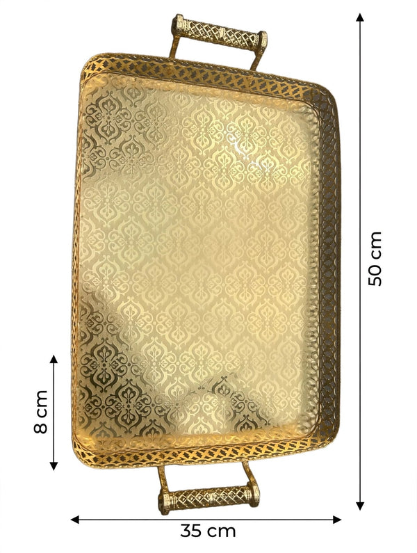 Trendiest rectangular gold serving tray with ornate base pattern, lattice border, and decorative handles.