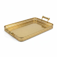 Trendiest rectangular gold serving tray with ornate lattice border, intricate base pattern, and decorative handles.