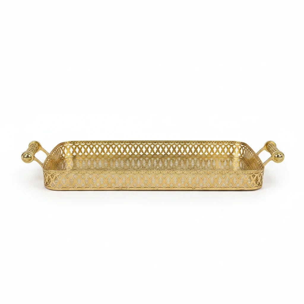 Trendiest rectangular gold serving tray with ornate lattice border, intricate base pattern, and decorative handles.