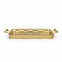Trendiest rectangular gold serving tray with ornate lattice border, intricate base pattern, and decorative handles.