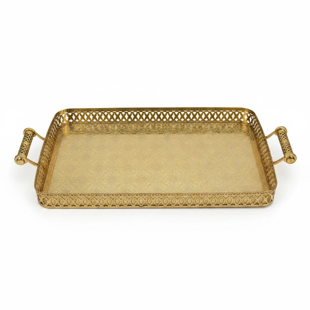 Trendiest rectangular gold serving tray with ornate base pattern, lattice border, and decorative handles.